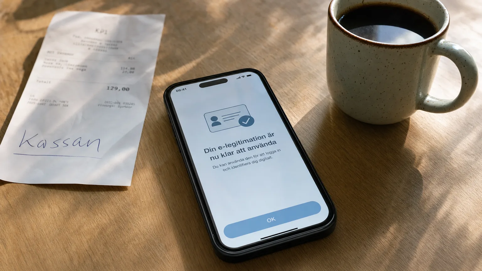 iPhone på köksbord visar att e-legitimation är klar, kaffekopp och kvitto med ordet Kassan.