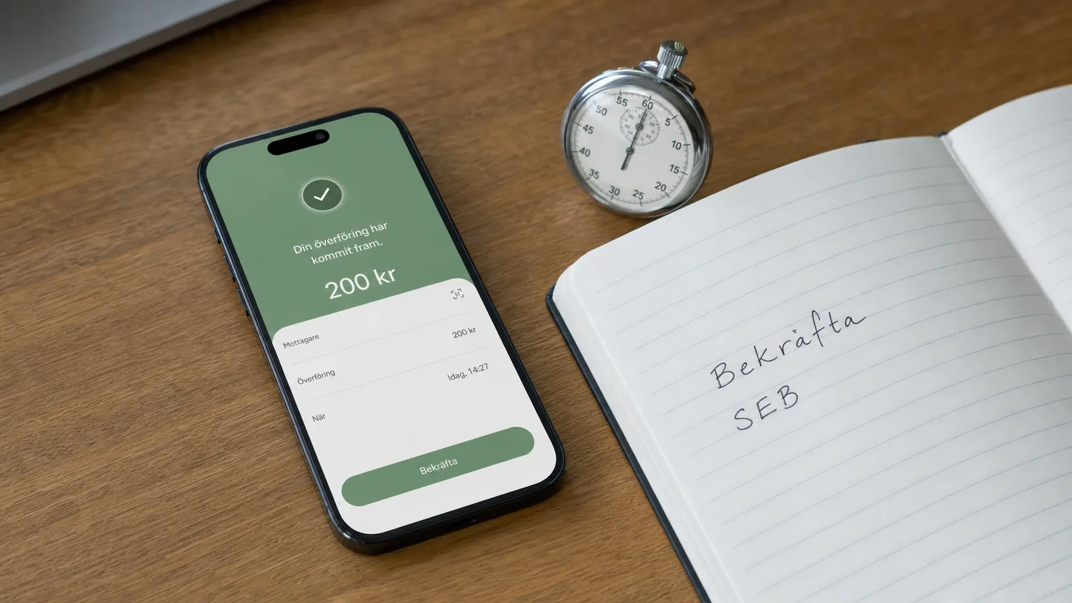 iPhone på ekbord visar att 200 kronor har kommit in, analogt stoppur och anteckningsblock med orden Bekräfta och SEB.
