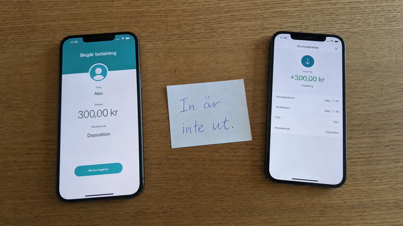 Två iPhones på träbord: den ena begär en insättning på 300 kronor, den andra visar samma belopp som insättning, lapp med texten In är inte ut.
