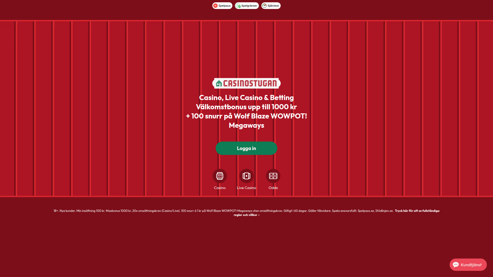 Casinostugans röda startsida med logotyp, bonusinfo och inloggningsknapp.