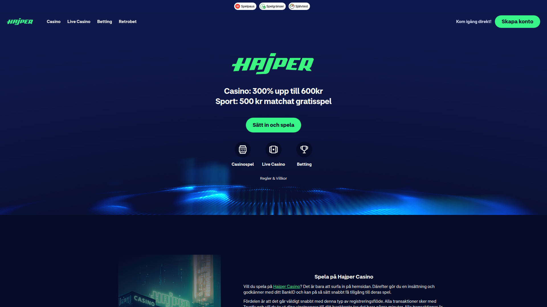 Hajpers svenska startsida med mörkblå bakgrund, grön logotyp och bonusinformation.
