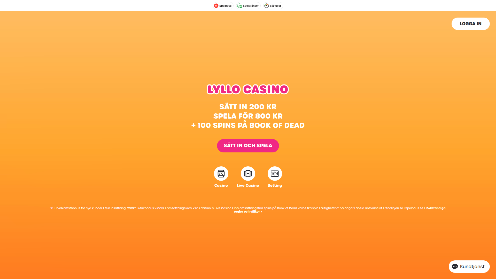 Lyllo Casinos svenska startsida i orange med logotyp, bonus och inloggningsknapp.