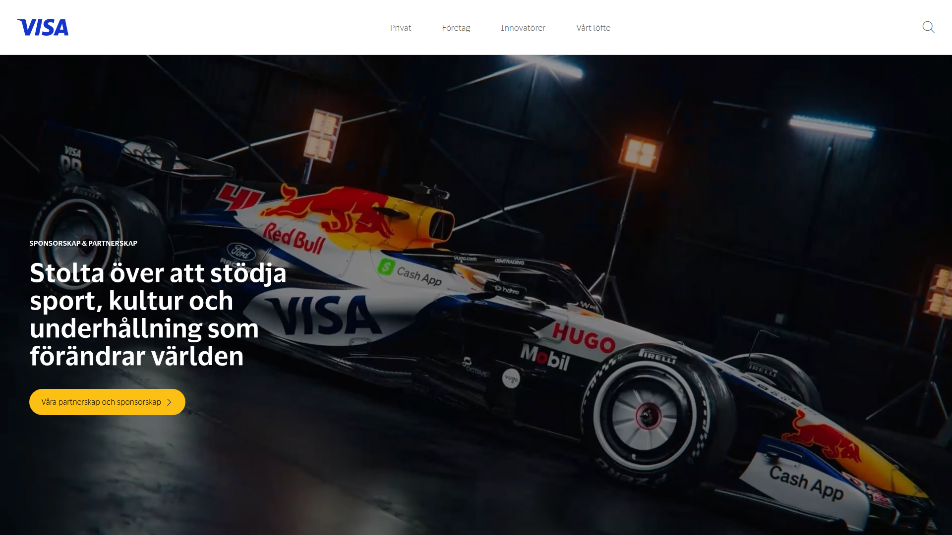 Visas svenska startsida med logotyp och en Formel 1-bil.