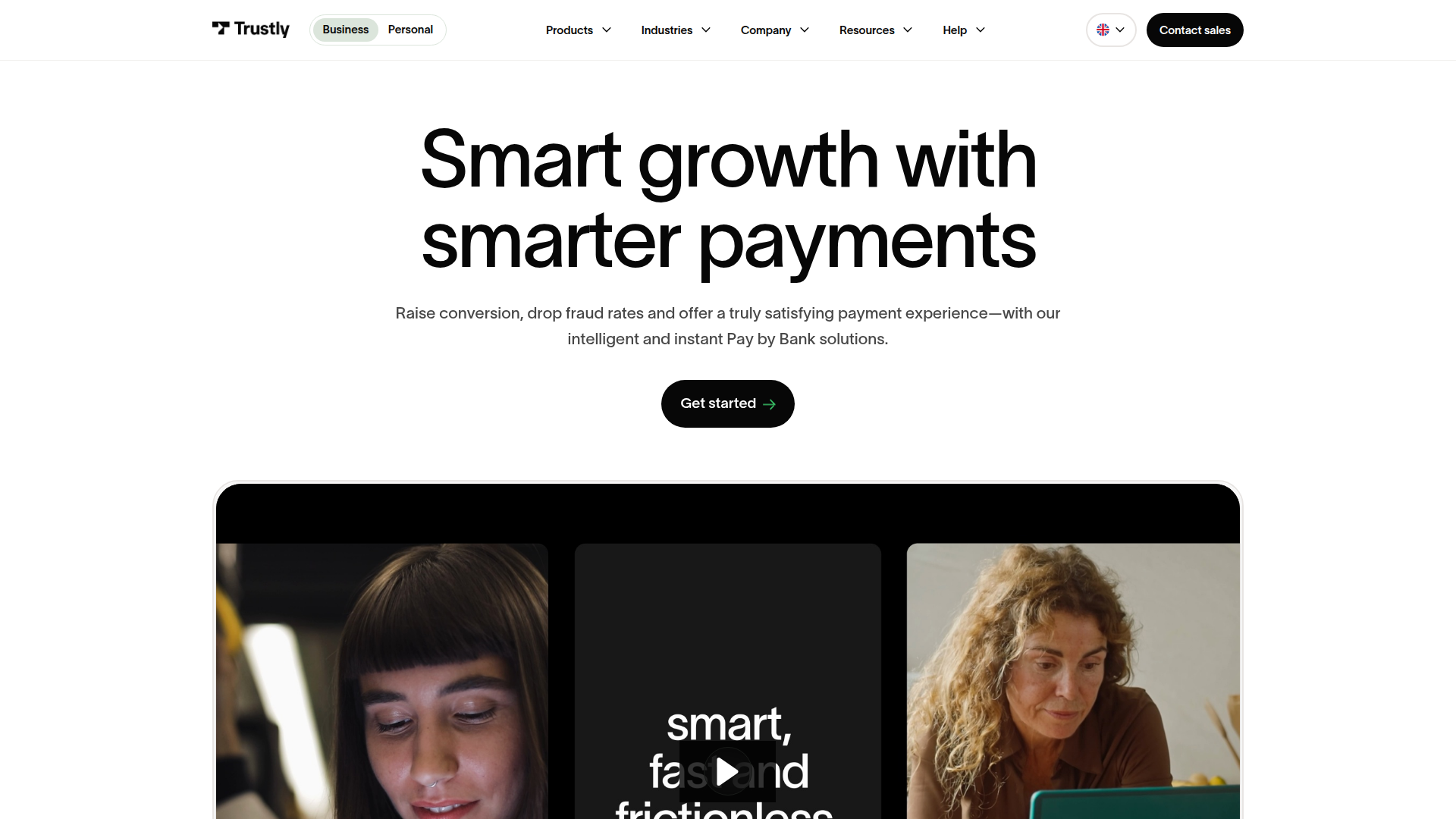 Trustlys startsida med logotyp och rubriken Smart growth with smarter payments.