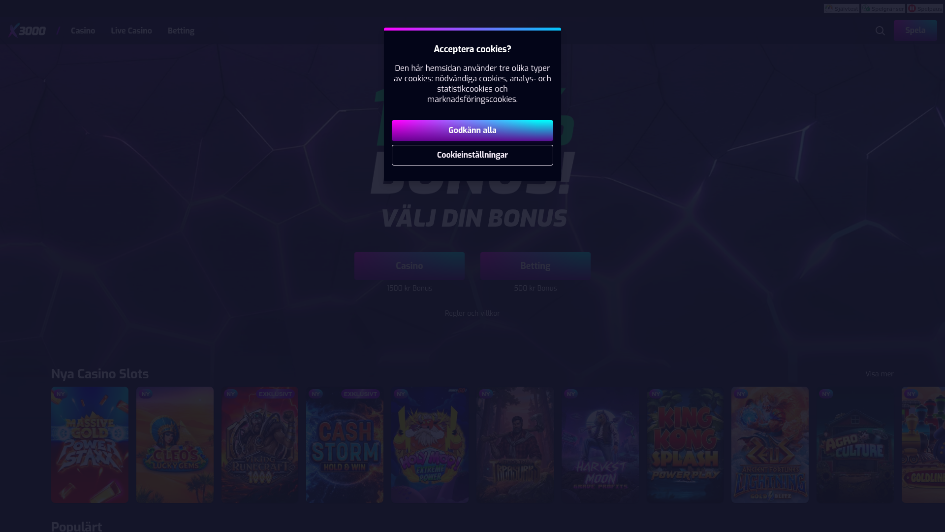 X3000:s svenska startsida med cookie-dialog framför casinospel.